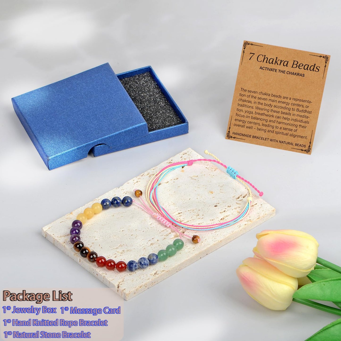 LPBeads 8mm Chakra Bracelet with Handmade Rope Bracelet Size Adjustable Natural Stone Crystal Healing Bracelets Gifts for Unisex Adults
