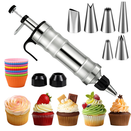 FANTEXY Dessert Decorating Syringe Set, Stainless Steel Icing Piping Kit Cake Decorating Tools with 6 Piping Icing Nozzles Cupcake Decorating Kit