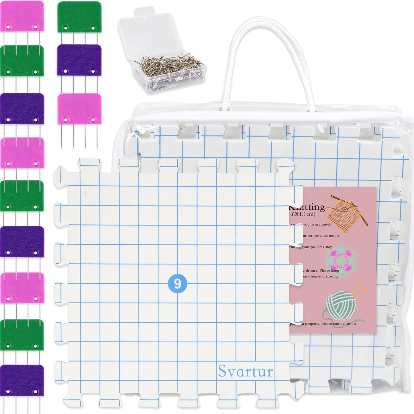 Svartur Interlocking Blocking Mat for Knitting and Crochet Projects, 9 Pack Knitting Blocking Mats with Blocking Comb Pins, T-pins, Crochet Blocking Board, Knitting Mat with Grid Line, Storage Bag