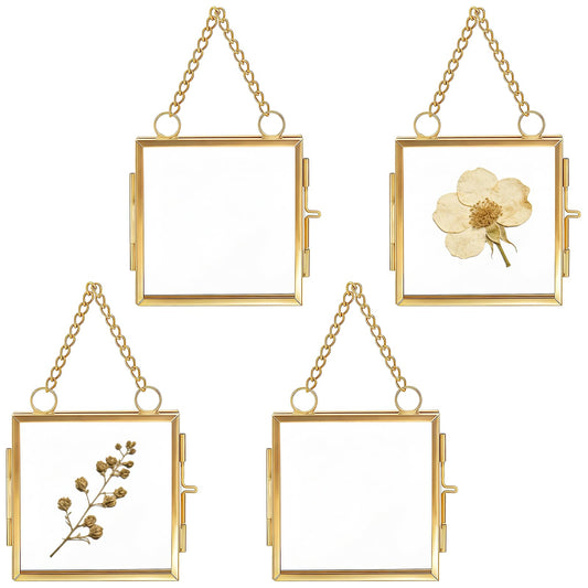 Orepzinc 4 Pcs Mini Brass Wall Hanging Photo Frame, Square Glass Hanging Picture Artwork Display Frame, Double Glass Floating Frame Style Gallery Wall for Picture, Pressed Flower (3.5x3.5 inch)
