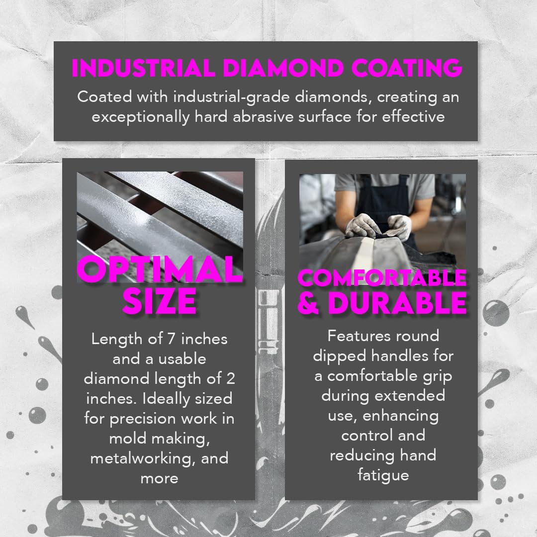 SE 74330DF 6-Piece Flat Diamond Grit File Set - Multi-Grit for Metals, Glass, Stones - 7" Length, 2" Diamond Surface, Round Handles - Includes PVC Pouch