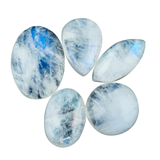 CRYSTALINES (5pcs) Natural Rainbow Moonstone Gemstone, Bulk Cabochon for Jewelry Making, Wholesale Loose Supplies, Wicca & Reiki Healing Crystals, Wire Wrapping, Decoration, Gem Collector