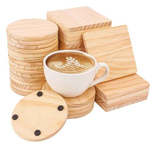 kukmakri 40 PCS Unfinished Blank Wooden Coasters - 4 Inch Square & 4 Inch Round Wood Coasters with Non-Slip Silicon Dots – Natural DIY Wood Slices for Engraving and DIY Painting (Thick 0.35 Inch)