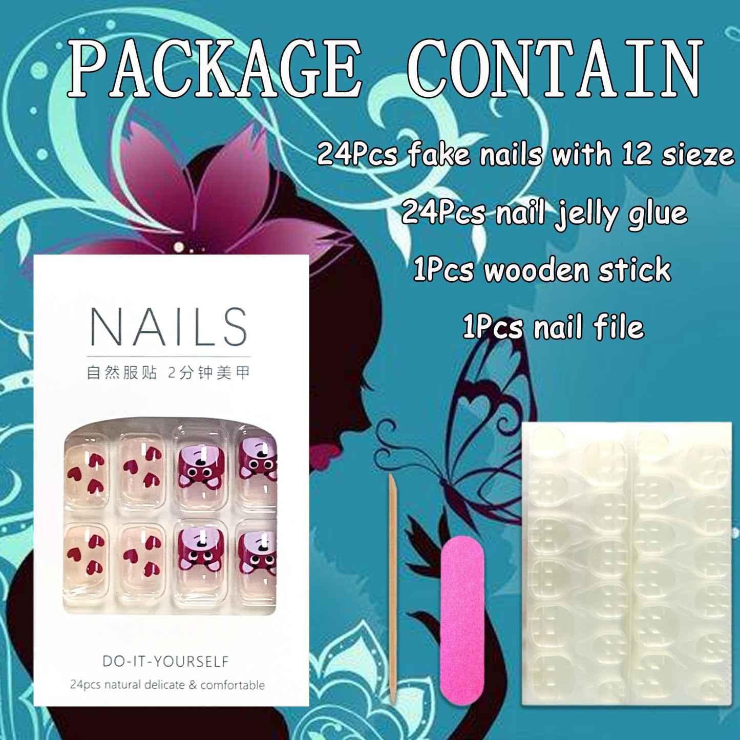 EYZOTSF Press on Nails Short Length Acrylic Glossy Full Cover Cute False Nails with Pink Bear Designs Artificial Extra Short Square Shaped Fake Nails Glue ons Fingernails for Women Girls