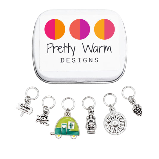 Go Camping Knitting Stitch Markers with Storage Tin | Ring Style Closed Rings | Camping Theme | Gift for Knitters & Yarn Lovers | Handmade by Pretty Warm Designs
