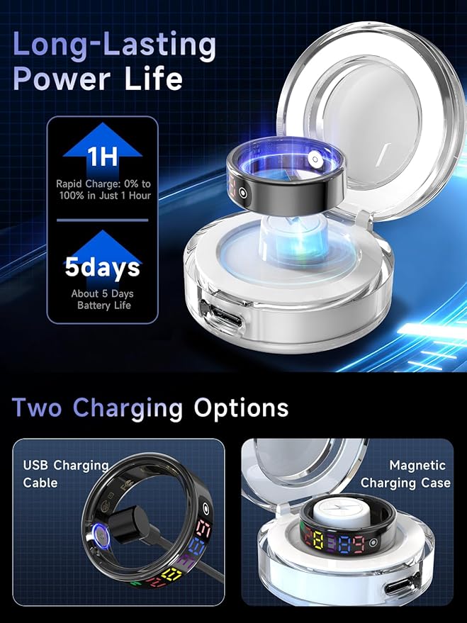 Smart Ring for Women Men, Health Ring with Colorful Display, Fitness Tracker with Heart Rate, Blood Oxygen, Sleep Monitor, No Subscription Fee, 5ATM Waterproof for iPhone & Android (Silver, 8)