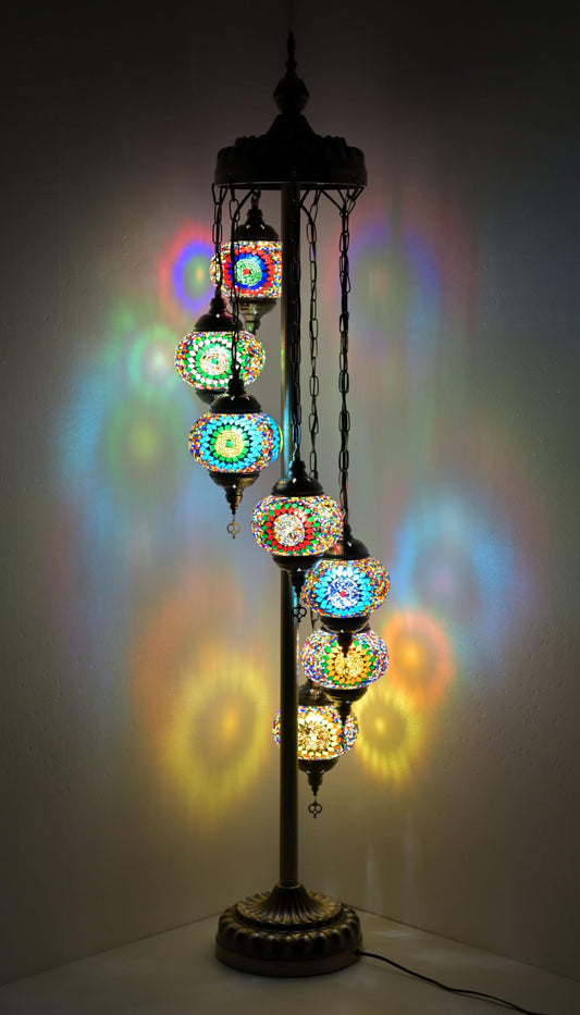 GOGERS Turkish Moroccan DIY Floor Lamp Kit 7 Big Mosaic Glass Globes Vintage Bohemian Tiffany Style Decorative Floor Lamp (Colorful)