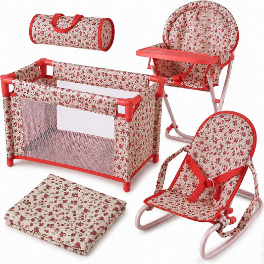 Floral Baby Doll Accessories Set, 3-1 Baby Doll Crib, Baby Doll High Chair & Bouncer Seat. 18 inch Doll Accessories with Doll Bed. 18" Dolls Furniture Play Stuff. Toys for Girls Ages 3-5,4-6,5-7,8-10