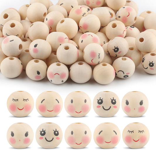 100PCS Wooden Beads for Crafts, 20mm Smile Wooden Beads with Holes, Natural Round Face Wood Bead for DIY Crafts, Jewelry Making, Angel Decorations(Style 2)