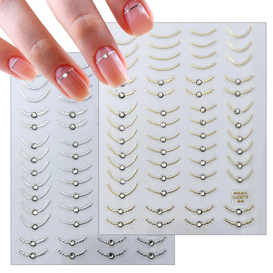 2 Sheets French Line Nail Art Stickers - 5D with Crystal Diamond Nail Stickers Simple Gold and Silver Line Nail Decals French Nail Designs Women's Nail Art Decoration