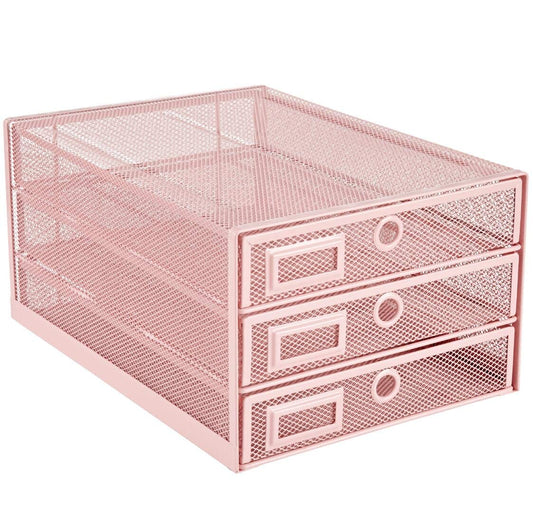 Annova Desk Organizer Wire Mesh 3 Tier Sliding Drawers Paper Sorter/Multifunctional/Premium Solid Construction for Letters, Documents, Mail, Files, Paper, Kids' Art Supplies (Light Pink)