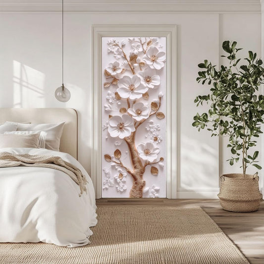 arricraft 2 Pcs Self-Adhesive Door Sticker, 31.5"x78.7" 3D Flower and Golden Branch Door Murals Stickers PVC Removable Wallpaper Decoration for Bedrooms Living Room