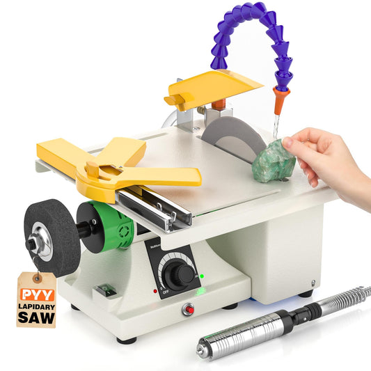 PYY Lapidary Saw - Jewelry Rock Saw w/Upgraded Diamond Blades & Woodworking Blade, 0-10000 RPM for Cutting Rocks & Polishing, DIY Art Project Lapidary Equipment, Yellow