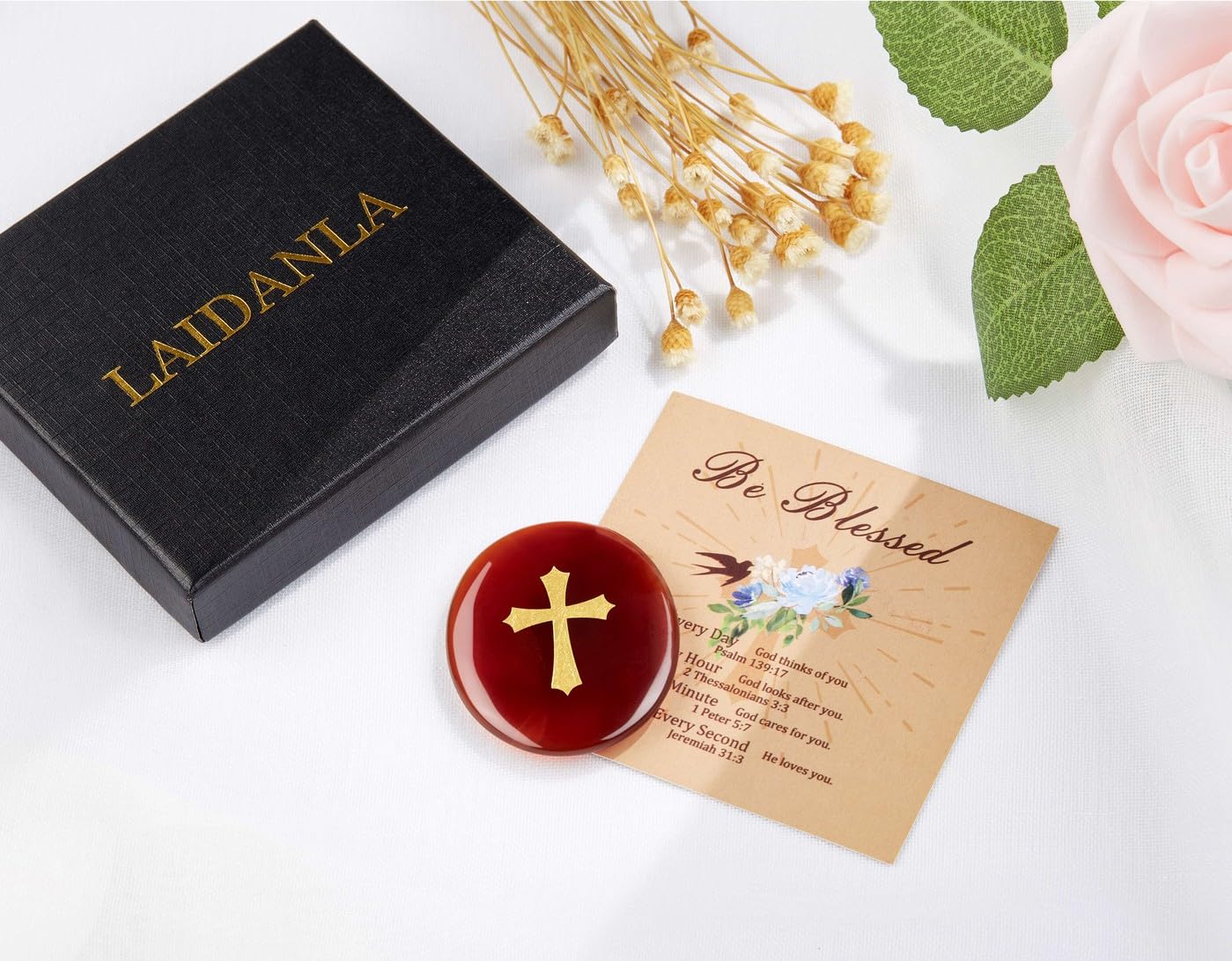 LAIDANLA Red Agate Cross Engraved Healing Crystal Worry Stones for Pray Faith Anxiety Relief Oval Palm Stone Polished Natural Crystal Gifts