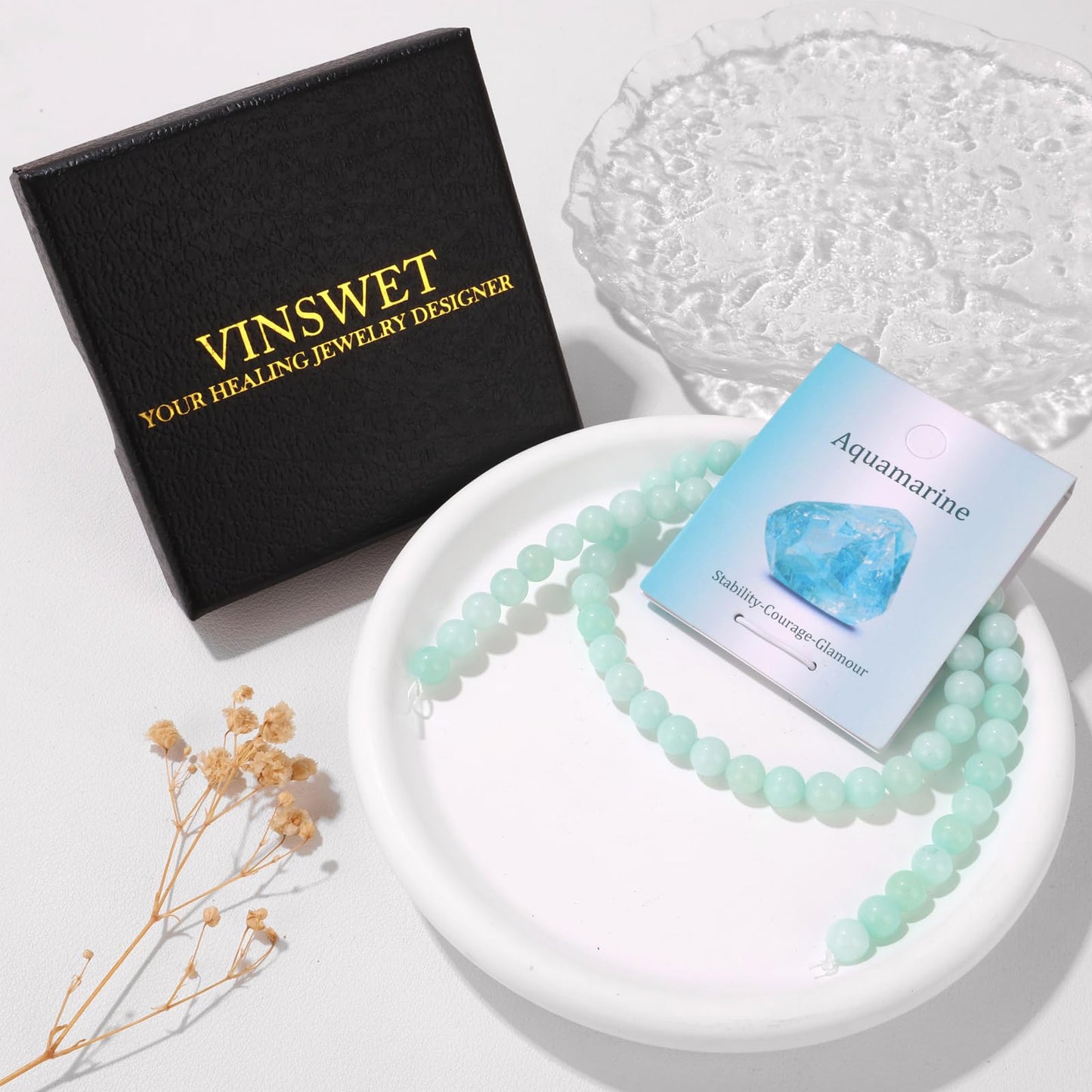 Vinswet 60pcs 6mm Aquamarine Natural Stone Beads Round Genuine Real Stone Beading Loose Gemstones DIY Smooth Bead for Bracelet Necklace Earrings Jewelry Making