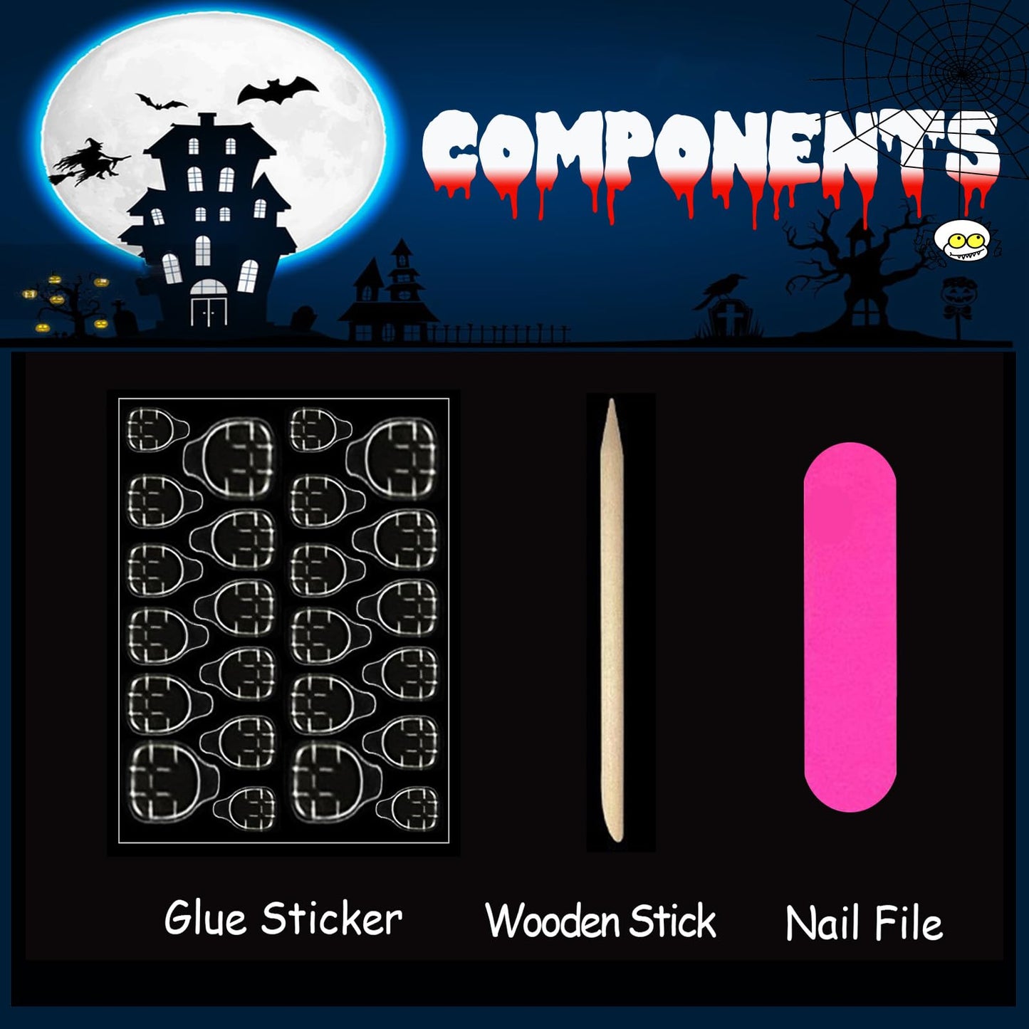Halloween Press on Nails Long Coffin Fake Nails Cute Pumpkin Ghost Blue Glue on Nails French Tip False Nail with Designs Stars Bat Glossy Stick on Nail for Women Manicure 24 Pcs