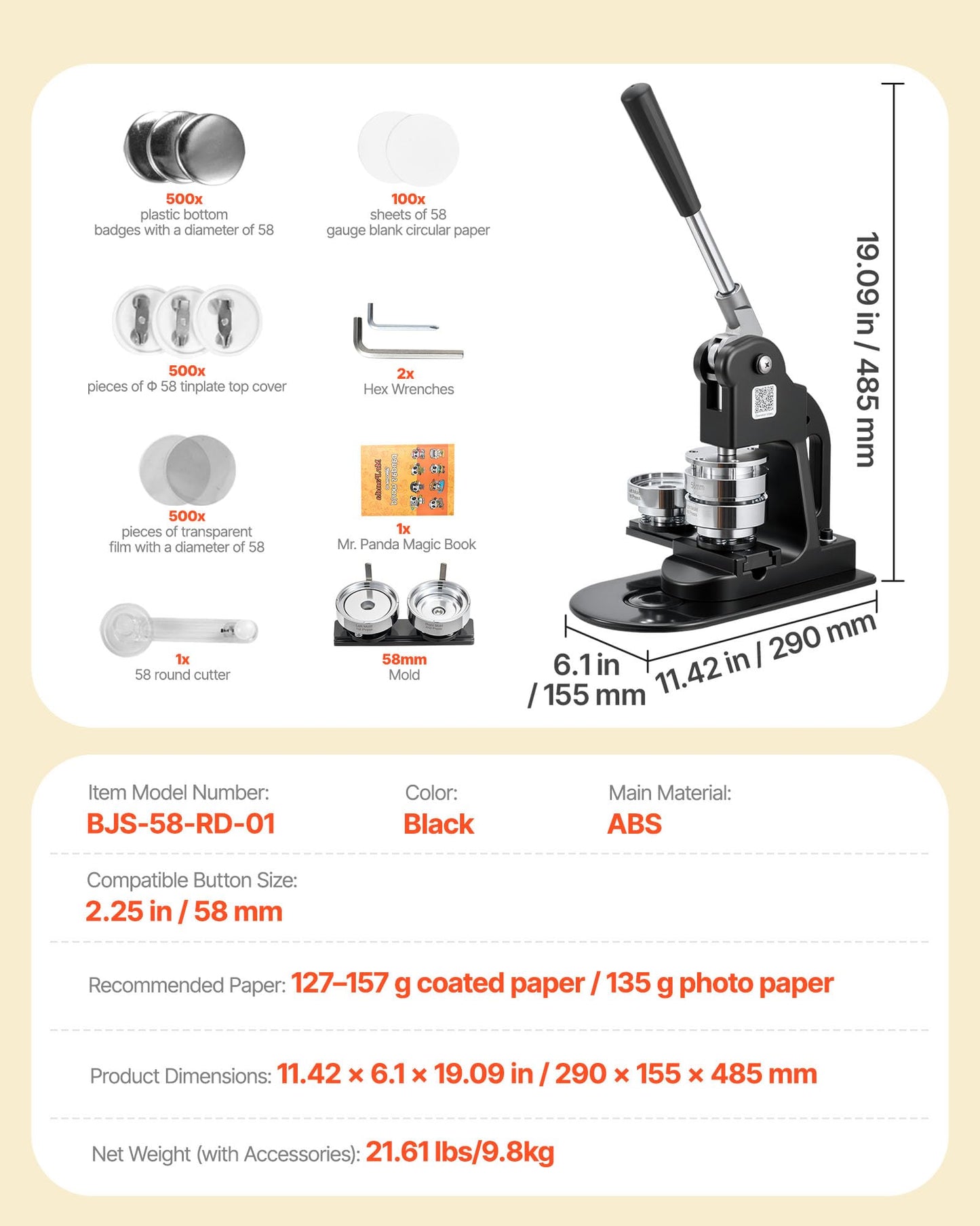 VEVOR Button Maker Machine, 2.25 in, Pin Maker Machine with 500pcs Button Parts, Circle Cutter, Hex Wrenches and Magic Book, Ergonomic Handle, for DIY Badges, Personalized Pins and Key Chains, Black