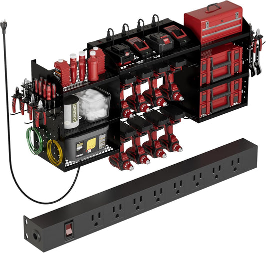 Power Tool Organizer - Heavy-Duty Wall Mount Storage Rack with Charging Station & 8 Outlet Power Strip | 51 Inch 3 Tier Design