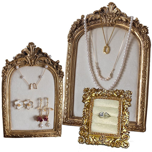 maytopia 3 Pcs Jewelry Display Stand Organizer, Gold Vintage Ring Holder, Resin Necklace Holder Organizer, Photo Frame Earring Holder, Jewelry Holder for Wedding, Selling, Room Decor