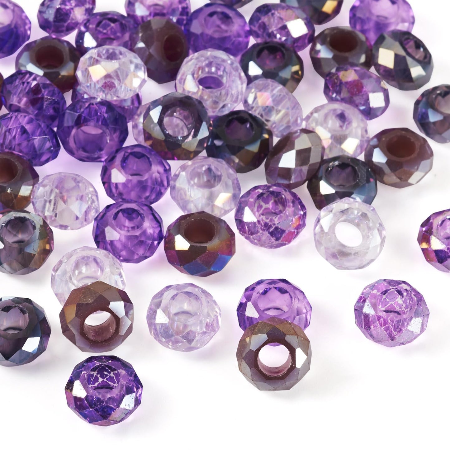 Craftdady 50Pcs Large Hole European Beads Glass Faceted Crystal Bead AB Color Rondelle Loose Bead Purple Color Theme Beads for Crafts DIY Necklace Bracelet Jewelry Making Hole: 5.5-6mm
