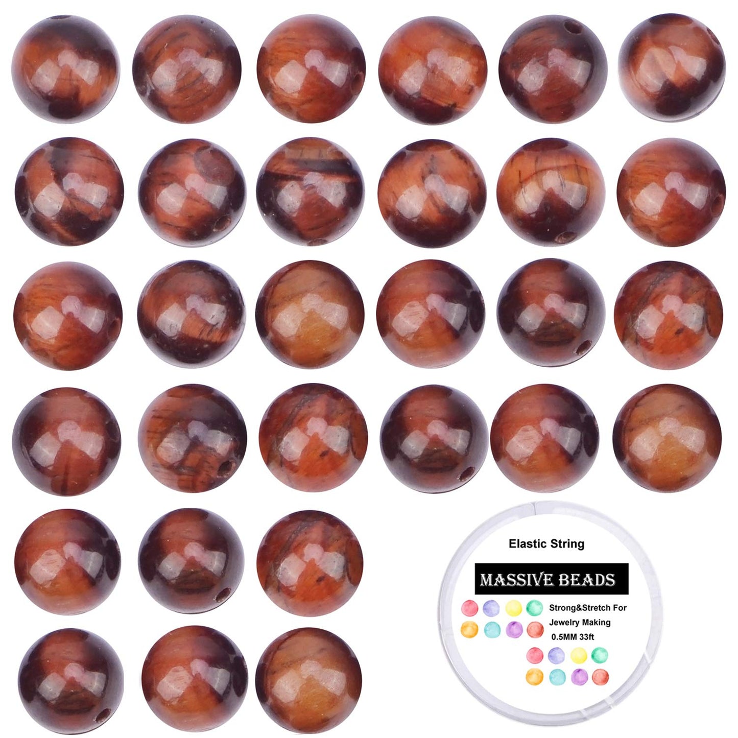 100Pcs Natural Crystal Beads Stone Gemstone Round Loose Energy Healing Beads with Free Crystal Stretch Cord for Jewelry Making (Red Tiger Eye, 8MM)