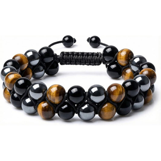 SFPJTL Triple Protection Bracelet for Men - 8mm Natural Tiger Eye Black Obsidian Hematite - Double Layer Adjustable Braided Stone Wristband - Stress Relief & Good Luck Gifts for Him Dad with Gift Box