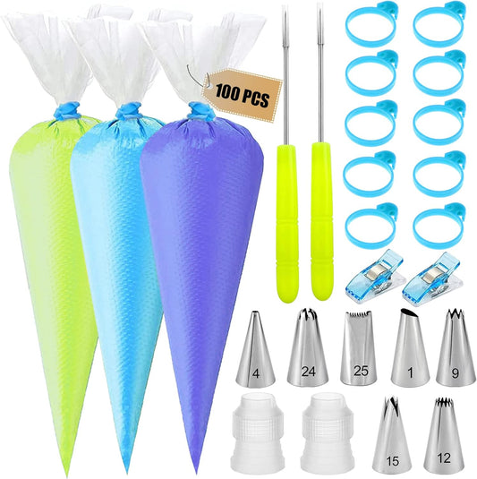 Pastry Piping Bags Set - 100 Disposable 12-Inch Bags with 7 Frosting Tips & 10 Ties for Cake Decorating