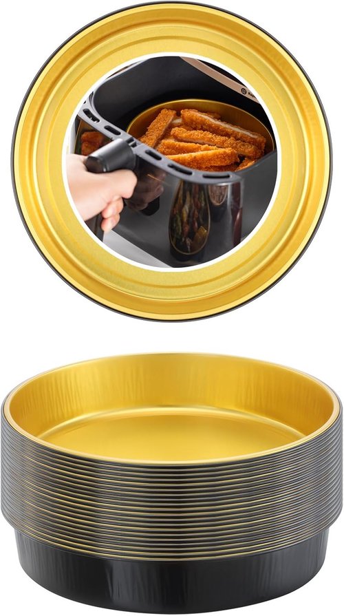 Air Fryer Foil Liners - 20 Pack | 7-Inch Round Disposable Aluminum Pans, High-Heat Safe, Food-Grade Black & Gold