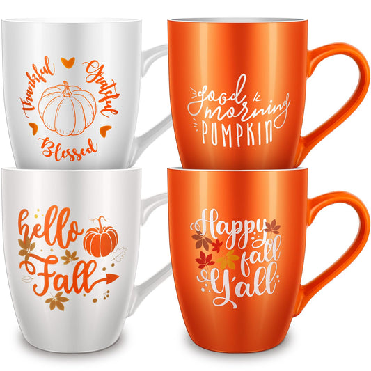 Funtery 4 Pcs Thanksgiving Coffee Mugs Fall Mugs Autumn Pumpkins Cups Happy Fall Y'all Coffee Mug Good Morning Pumpkin Cup Camp Mug Campfire Mug Ceramic Cup for Home Women Men Mom Dad (Orange,White)