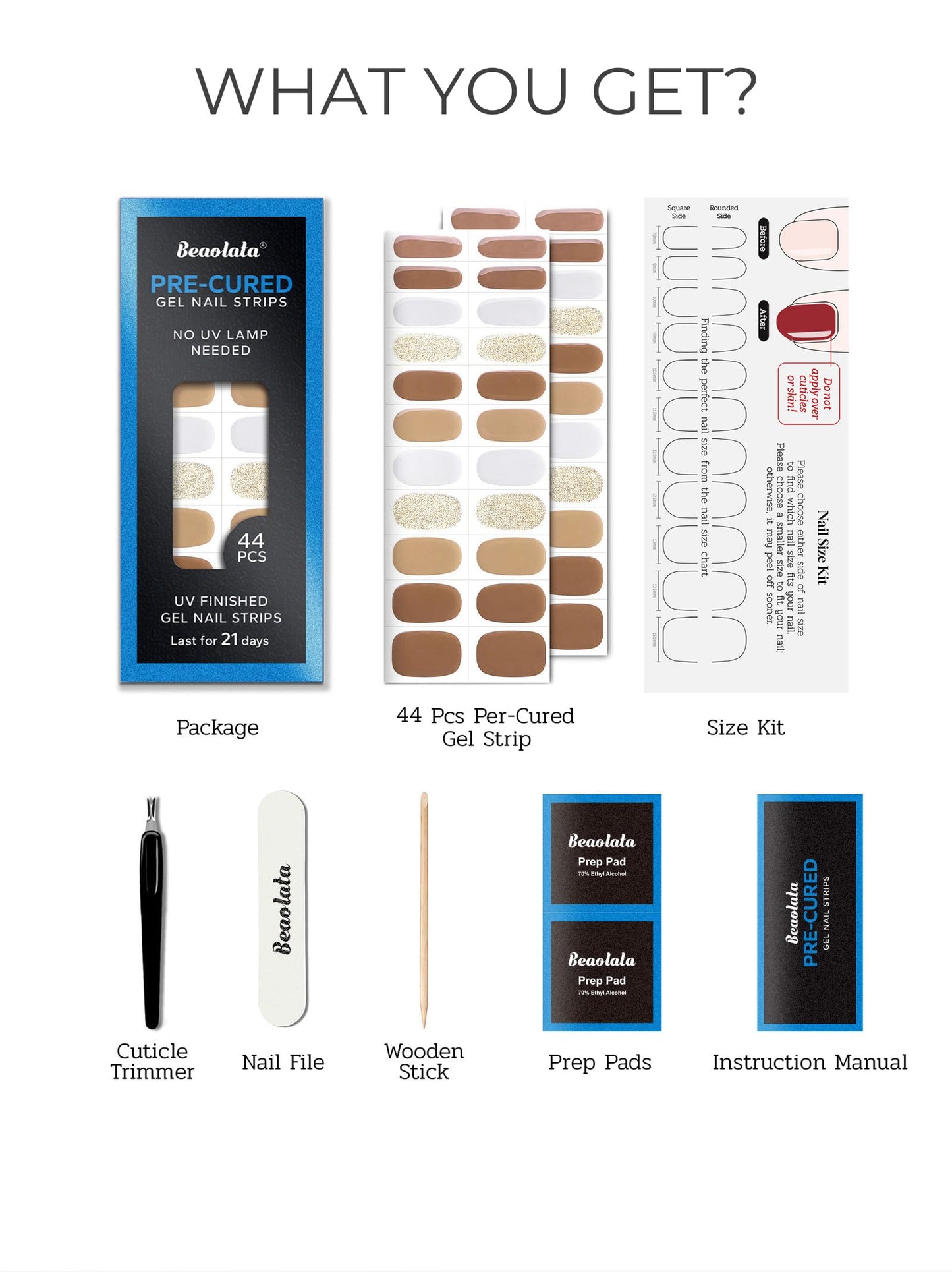 Beaolata Real Gel Nail Strips (No UV Light Needed) - 44Pcs Salon Quality Nail Stickers - Long Lasting Polish Wraps for Women, Easy Apply & Remove (Cinnamon Brown
