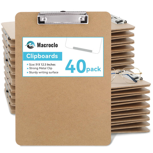 Macroclo Wood Clipboards 40 Pack, Letter Size Hardboard Clip Board 8.5x11 for Classroom, Students, Kid, A4 Standard Size 9" x 12.5" with Low Profile Clip, Office & School Supply