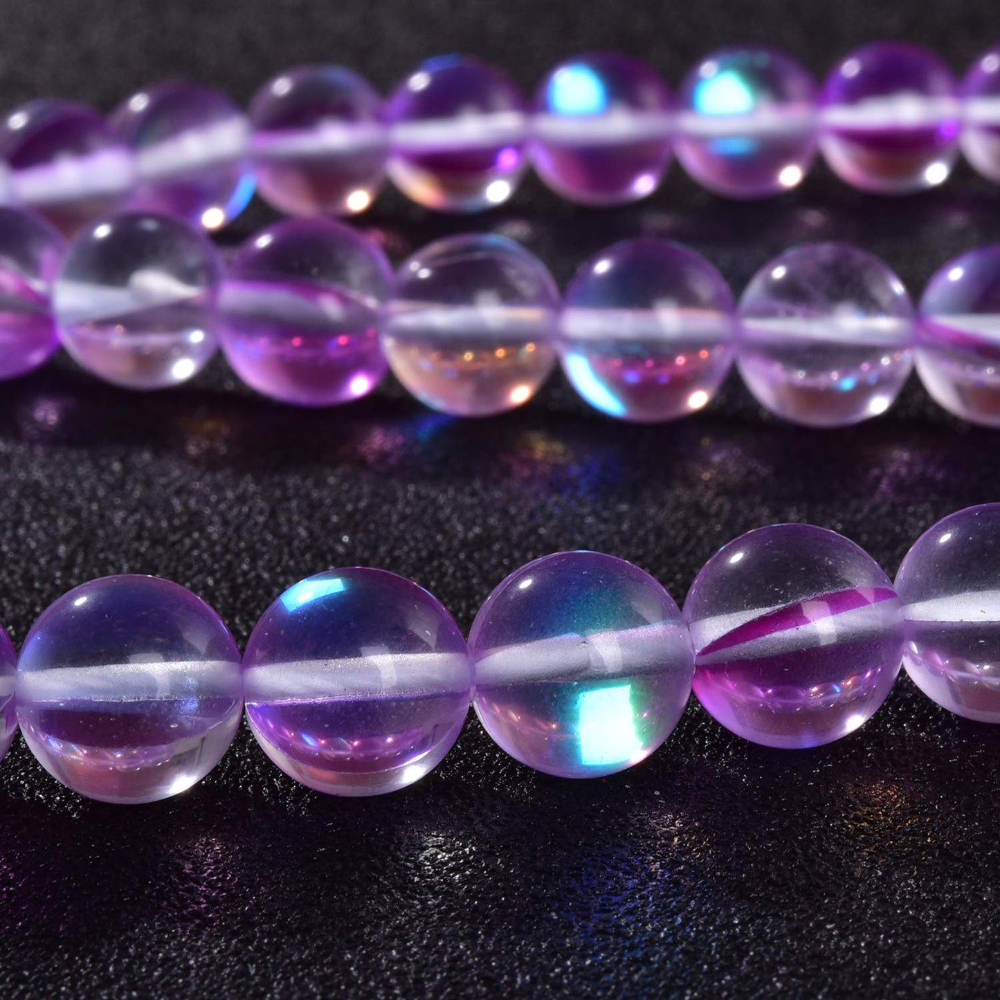 Asingeloo 48PCS 8mm Purple Angel Aura Round Gemstones Polished Mermaid Aura Moonstone Bead Smooth Stone Loose Beads Crystal Quartz for DIY Jewelry Making 1 Strand 15”