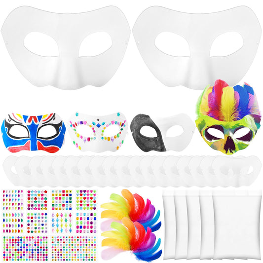 Leyndo 24 Pack Paper Mache Mask White Craft Masquerade Mask with Gem Sticker and Feather DIY Blank Mardi Gras Cosplay(24 Pack,Half Face)