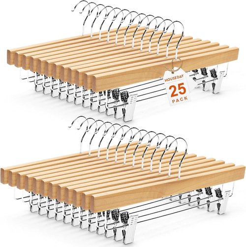 HOUSE DAY Premium Wooden Pants Hangers - Heavy Duty Anti-Slip Clips for Slacks & Jeans | 25 Pack, Natural Finish