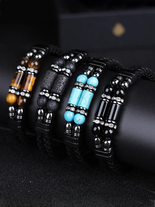 Mrcaois Leather Bracelet Tiger Eye Stone Braided Woven Multi‑Layer Wristband Cuff Bracelets Steel Clasp Bangle for Men Gifts