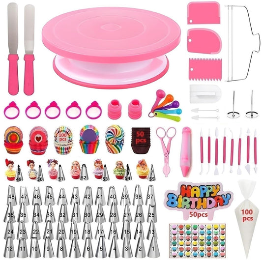 YOQXHY Cake Decorating Kit, 390 Pcs Baking Supplies Tools with Cake Turntable, Leveler, 55 Numbered Icing+Skirt Tips, 2 Spatulas, 3 Scrapers, 100 Pastry Bags,150 Cupcake Liners & More, (Pink)