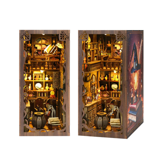 NEXTIPS Magic Academy Book Nook Kit with LED Lights - 3D Wooden DIY Miniature Library for Bookshelf Decor, Gift for Harry Potter Fans