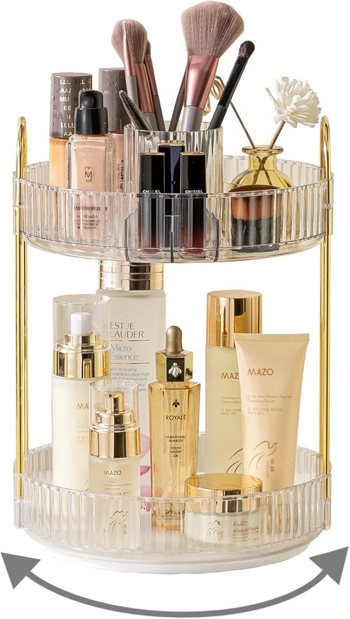 Asayuee 360 Rotating Makeup Organizer - 2-Tier Large Capacity for Skincare & Cosmetics | Clear
