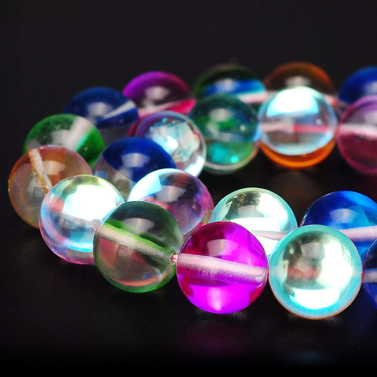 RUBYCA Round Moonstone Crystal Glass Beads Aura Iridescent for Jewelry Making (1 Strand, 12mm, Mix)