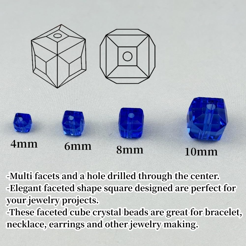 YUEXIGO 100pcs 8mm Cube Crystal Glass Beads for Jewelry Making Faceted Square Crystal Glass Bead Spacer Beads Loose Beads for Bracelet Earring Necklace DIY Craft(Blue)