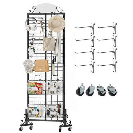 Urban Deco Grid Wall Panel Display Stand, 2.2' x 6.2' FT Gridwall Panel with Extra 8 Hooks, Craft Show Display Rack Black Metal Grids Standing Wire Rack for Retail Merchandise