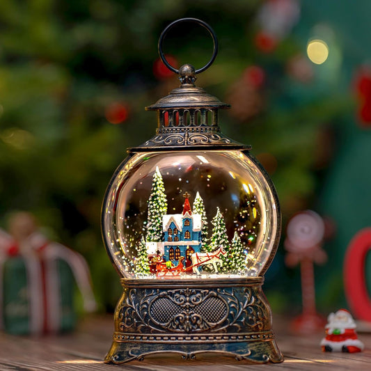 Regine Switzerland Christmas Snow Globe - Musical Water Lantern with Carriage & Blue Church | 6-Hour Timer, USB/Battery Operated