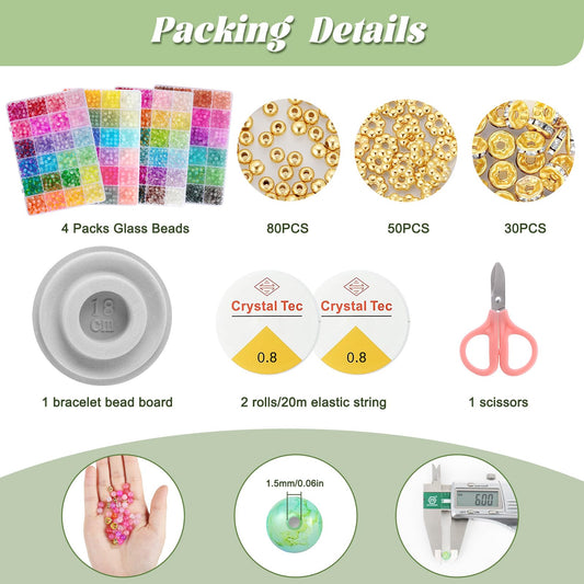 Funtopia 3524pcs Glass Beads Bracelet Making Kit, 4 Types 96 Colors 6mm Glass Beads for Bracelets, Round Crystal Beads for Jewelry Making Necklace Earrings DIY Crafts