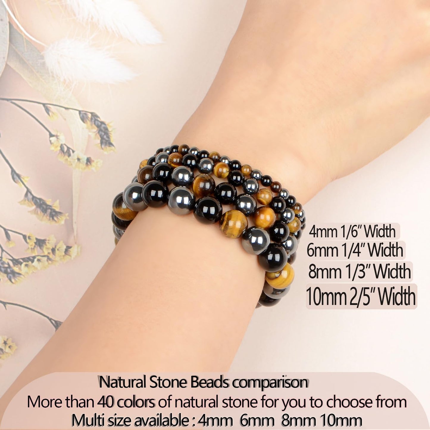 LPBeads Handmade Natural Gemstone Stretch Elastic 6mm Onyx Tiger Hematite Mixed Stone Bracelet Healing Crystal Round Stone Beads Jewelry Gifts for Women Men
