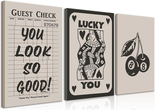 Skiennix Fashion Poker Canvas Wall Art Set of 3 - Vintage Queen & Lucky You Prints | Framed 12x16'' Decor for Bedroom & Living Room
