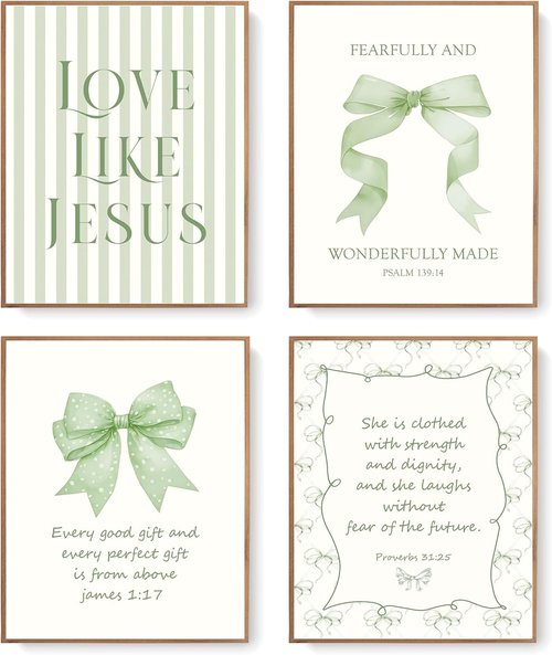 LARTSFRO Coquette Wall Art Decor - Sage Green Bow Posters with Inspirational Bible Verses | 8x10 Inch Set of 4 Unframed