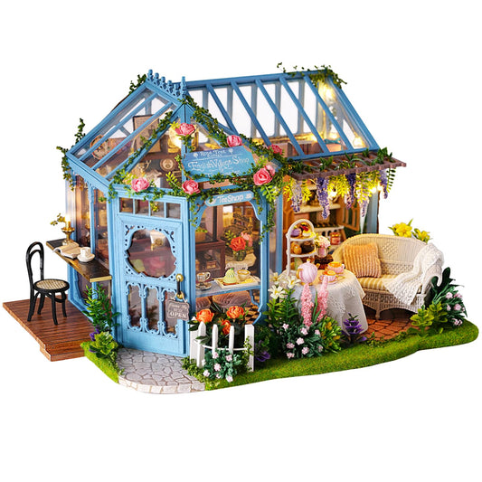 CUTEROOM Dollhouse Miniature with Furniture, 3D Wooden Miniature Doll House with Music Box & LED Lights,1:24 Scale DIY House Kit (Rose Garden Tea House)