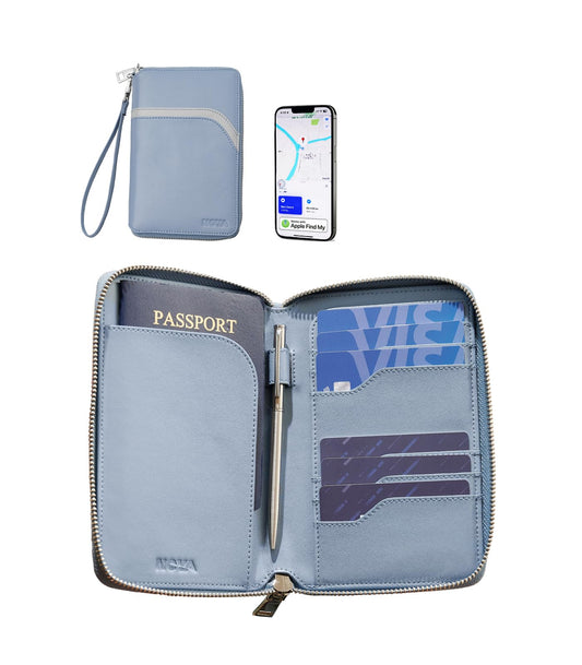 Nova RFID Blocking Passport Holder w/Hidden AirTag Trackable Card, Women Passport Wallet For Travel, Large Organzier For 2 Passports,Cash w/zipper & Wrist Lanyard（Blue）