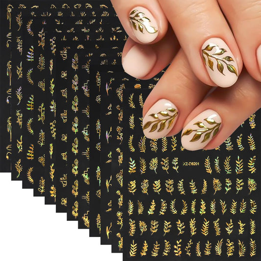 12 Sheets Gold Nail Art Stickers Leaf Nail Stickers Flower Nail Decals Self Adhesive Plant Nail Art Supplies for Women Girls DIY Manicure Nail Art Decorations