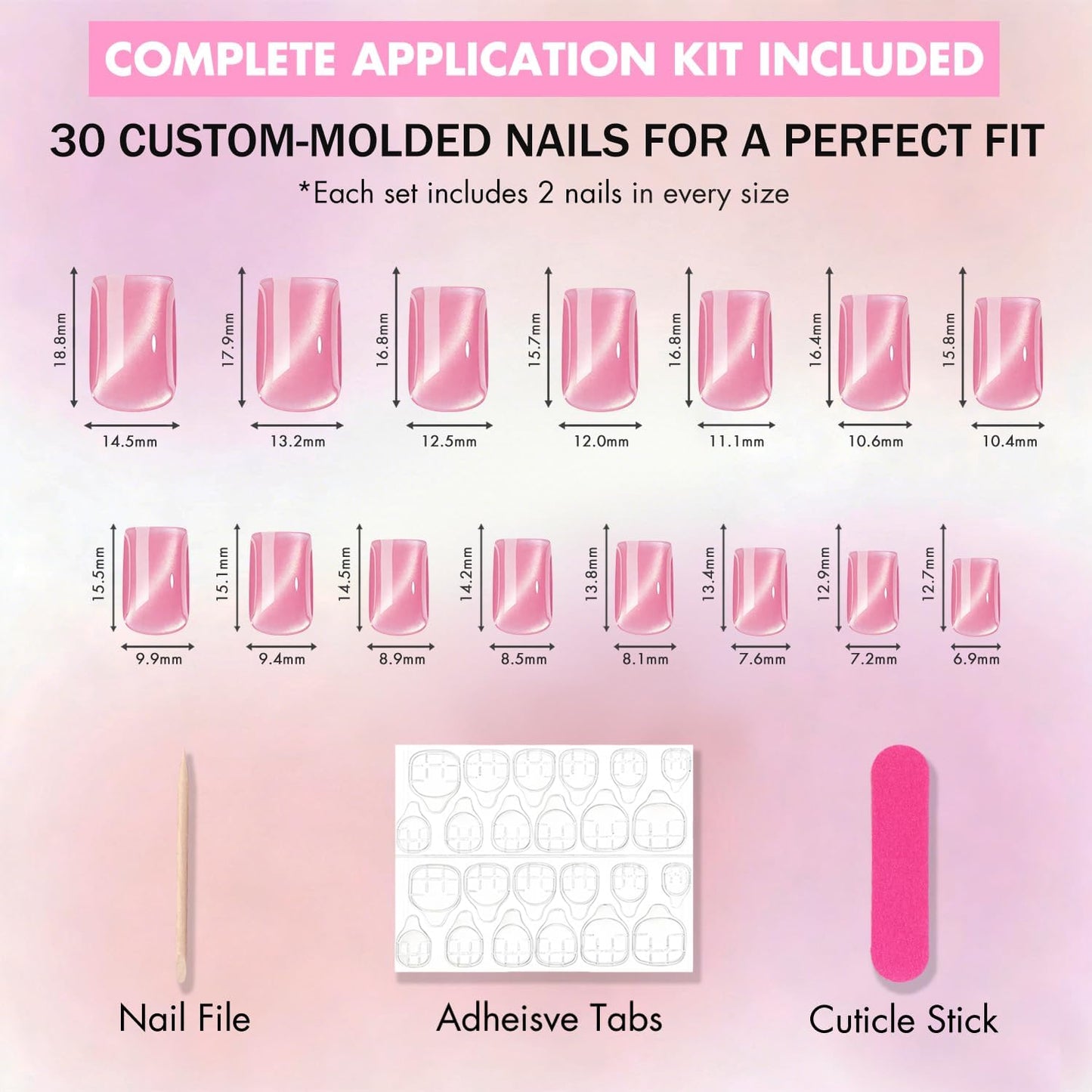 KQueenest Cat Eye Press On Nails Short - Light Blue Press On Nails Square, 30 Pcs 15 Sizes Sparkly Glitter Fake Nails Press ons, Thick Quality, Reusable Small Baby Blue Glue on Nail for Women Summer
